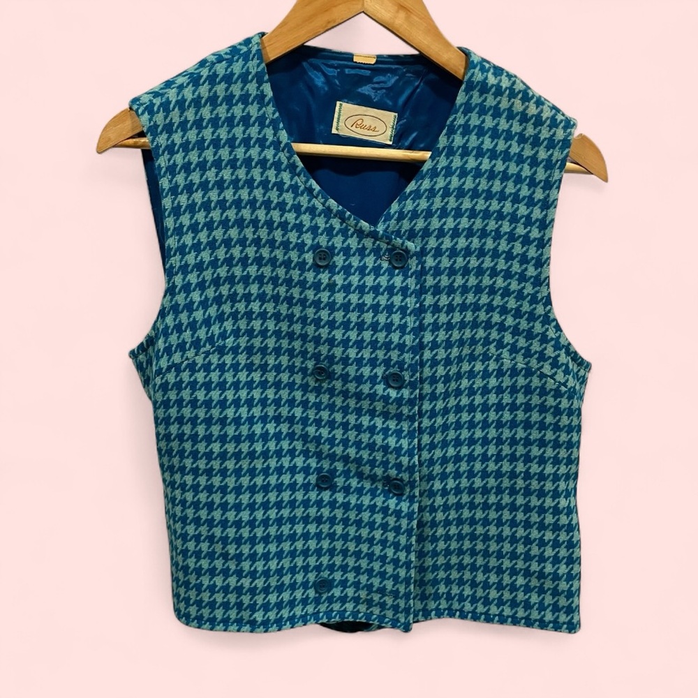 Vintage 60’s-70’s aqua houndstooth double breasted wool lined vest preppy